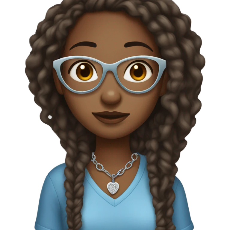 Dark brown skin girl with locs clear framed glasses blue shirt freckles silver necklace with heart  emoji