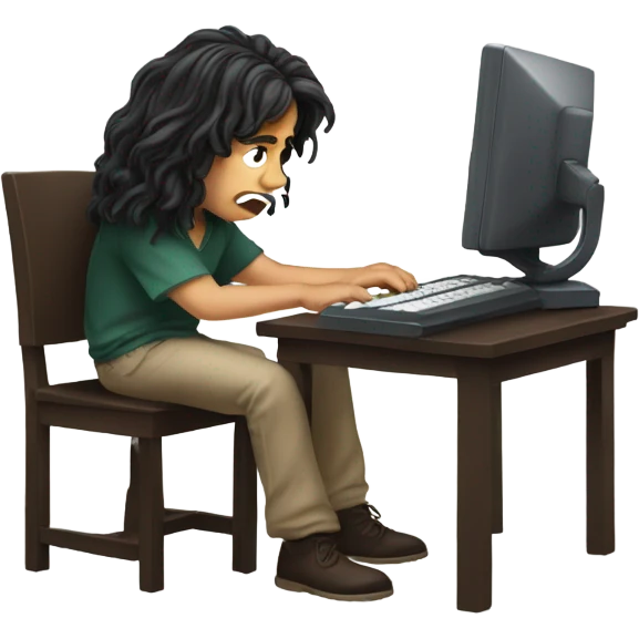 Long haired boy kid doing online school and punching the computer emoji