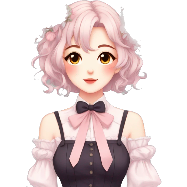 Gorgeous pastel anime style lady with blushing face and flowers and laces and bow ties and pretty hair aesthetic trending style emoji