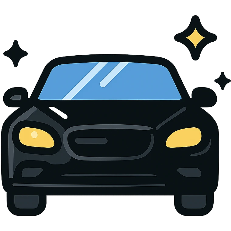 full body high-end luxury car icon, glossy black with multiple small sparkling stars and strong mirror-like reflections, impeccable perfectly clean finish, modern and clean style emoji
