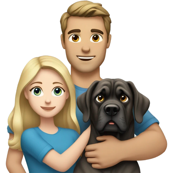 Brunette blue eyed man and blonde blue eyed girl hugging an English mastiff dog emoji