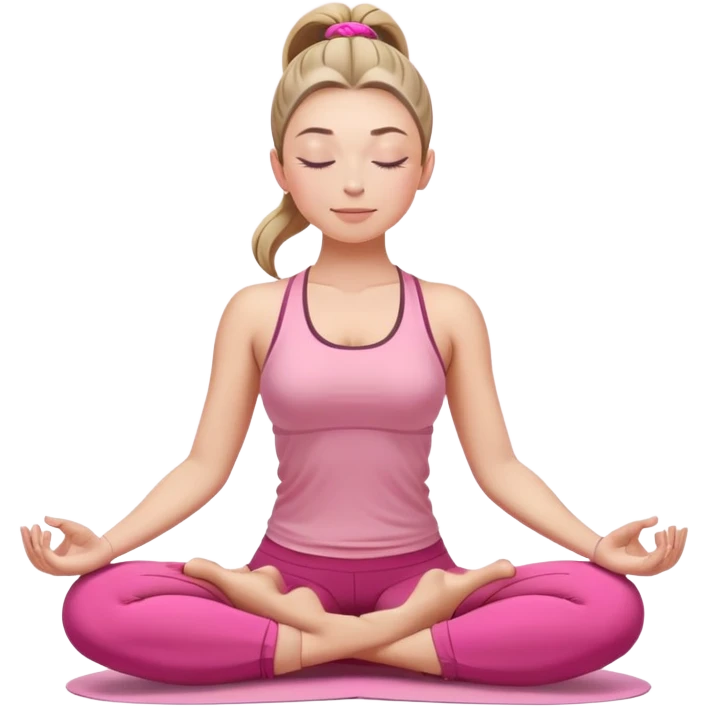 white woman with ponytail hairstyle in lotus position meditation yoga pose, closed eyes, relaxed face, wearing pink yoga outfit emoji