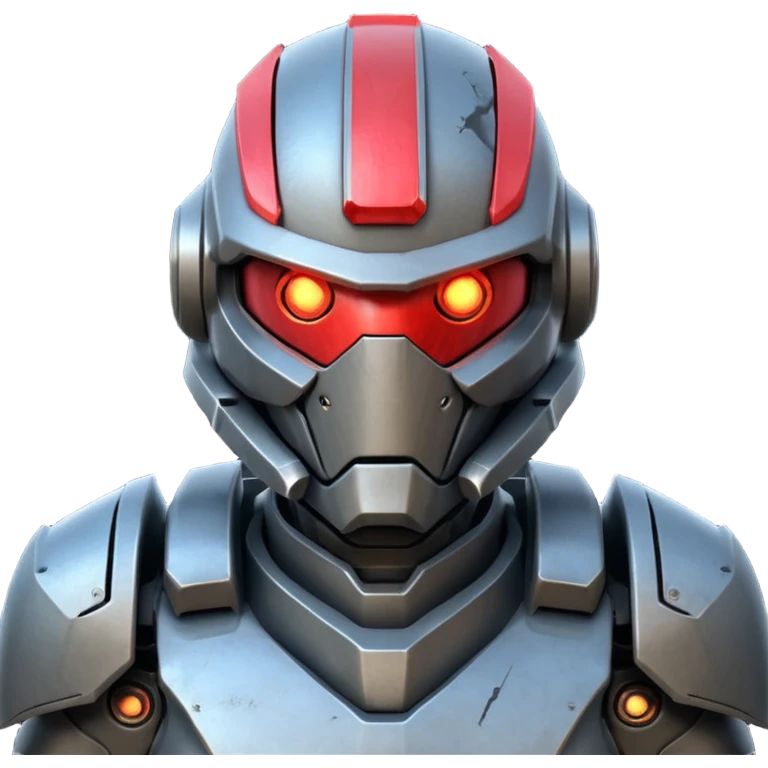 futuristic war robot portrait, head and shoulders only, aggressive design, sharp armor edges, glowing red eyes, battle-damaged helmet faceplate, heavy armor collar, intense dramatic lighting, sci-fi metal textures, 3D cartoon, mobile game icon style, clean background, no text, no watermark
 emoji
