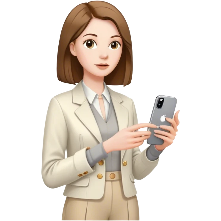 pale skin woman with brown Straightened bob Hair, White Spacious classical jacket, beige palazzo Arrow pants and gray blouse holding white IPhone 15 pro in the hands emoji