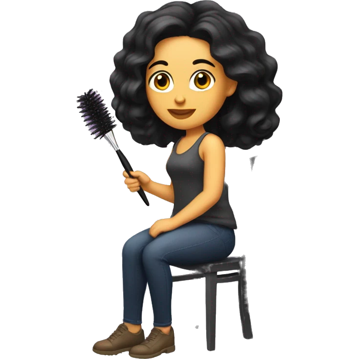 a white woman with black wavy hair sitting on a hair and holding a makeup brush emoji