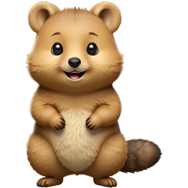 cinematic-quokka-realistic-full-body-standing-emoji,-small-round-frame-balanced-on-tiny-strong-hind-legs,giant fluffy cheeks large smile-fluffy-brown-fur-radiating-a-warm-softness,-big-round-eyes-filled-with-joy-and-innocence,-tiny-clawed-paws-held-close-to-chest,-cheerful-smile-exuding-endearing-happiness,-simplified-yet-realistic-focused-features,-highly-detailed,-glowing-with-a-sunny-warmth emoji