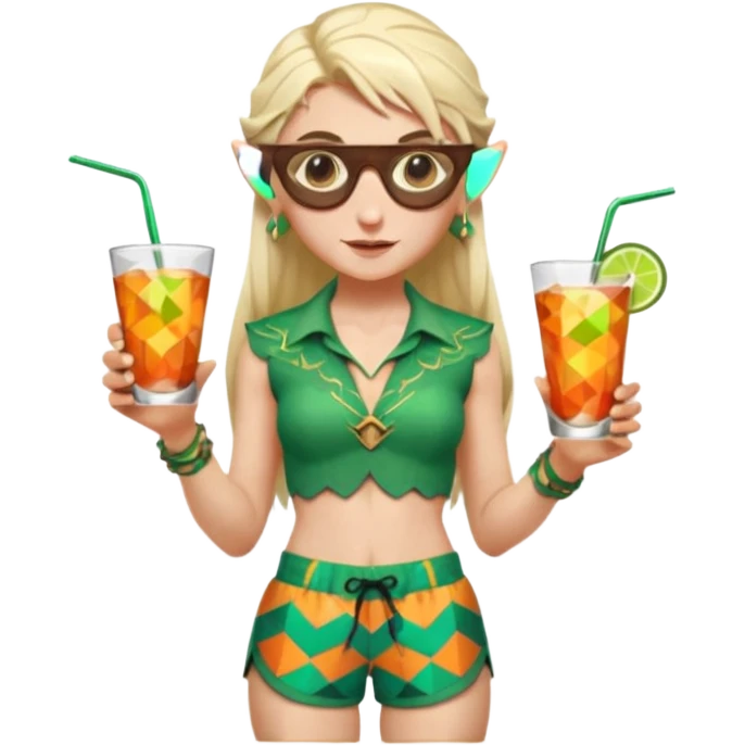 elf female legolas portrait, patterned board shorts (geometric/abstract), unique wooden-framed sunglasses, undercut hairstyle, slight smirk, visible pointy ears, no background, centered emoji, hipster summer vibe coctails emoji