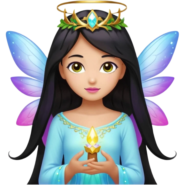 Earthreal sparkly angelic mystical magical shiny pretty Fairy. Dark Brown eyes. Caramel skin. Long black hair. White, hot pink and light blue and lavender and light green and light yellow  emoji
