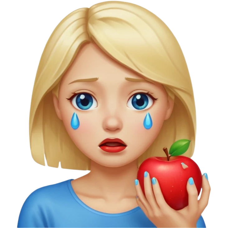 woman crying eating apple. make tears blue color and hair blonde emoji