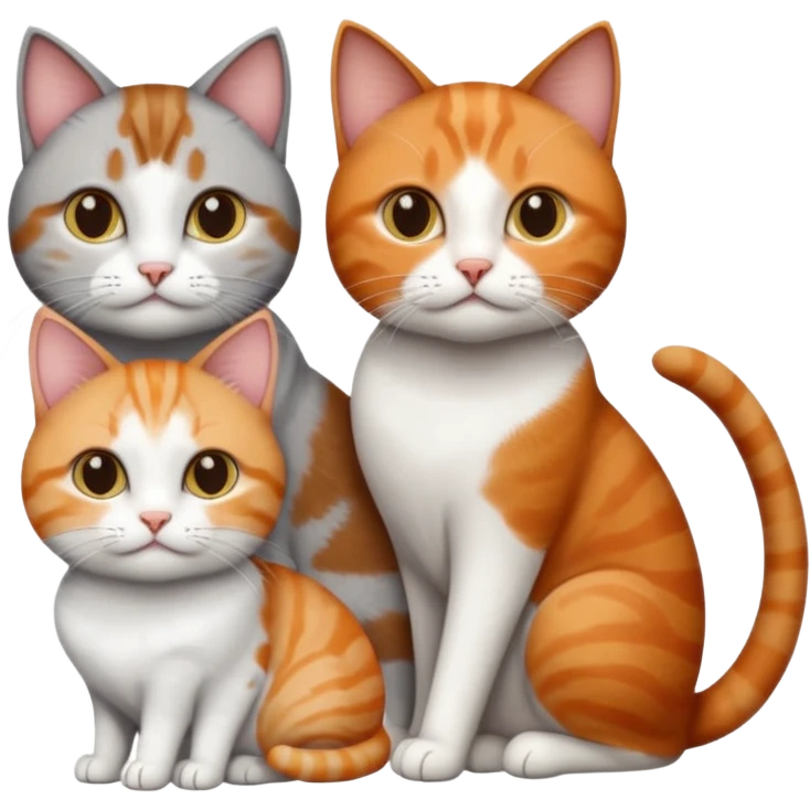 3 different coloured short haired cats including; a dark brown tabby and white cat, and a dark grey and white and a ginger and white emoji