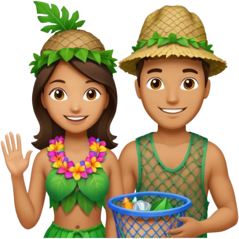 Hawaiian woman man with leaf hat and big trash net and colorful cloth emoji