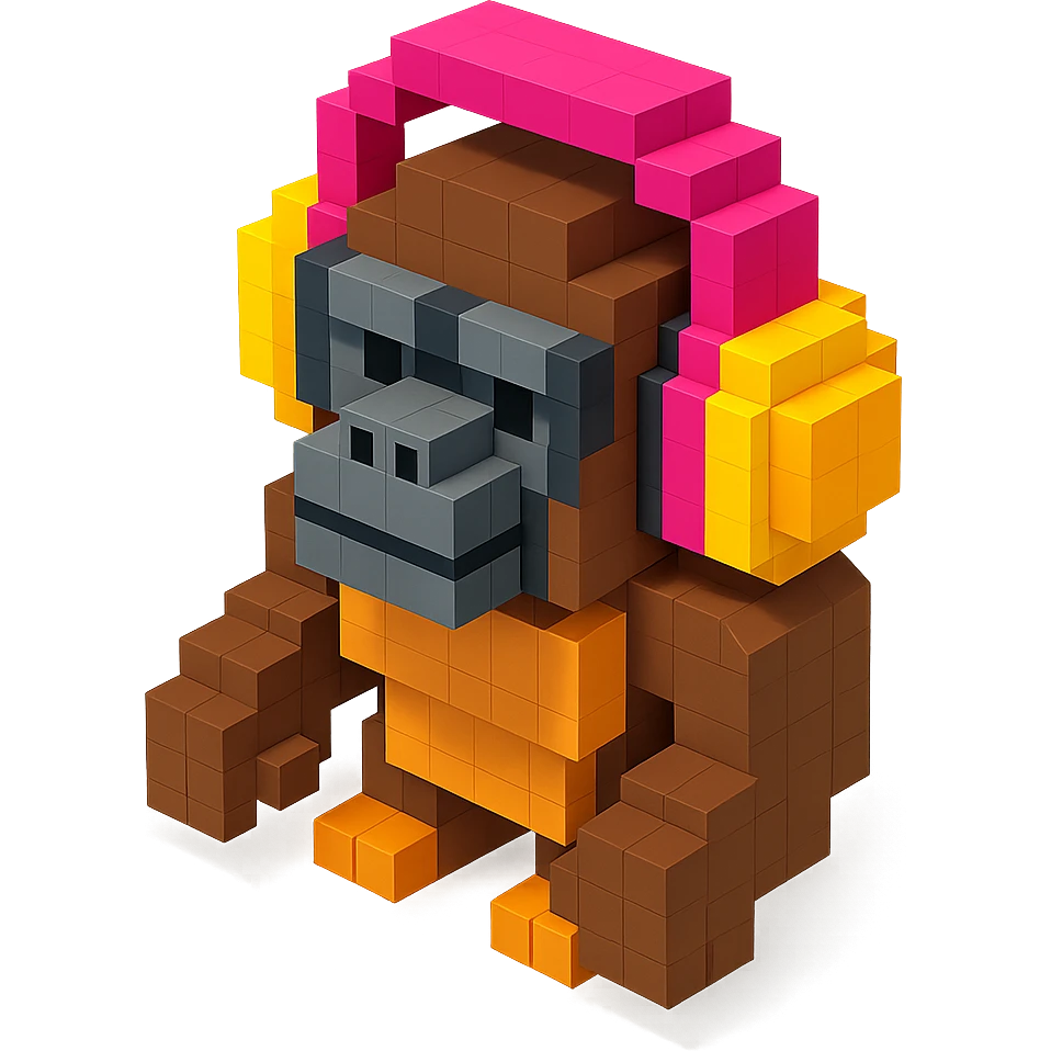voxel style gorilla wearing large over-ear headphones, isometric view emoji