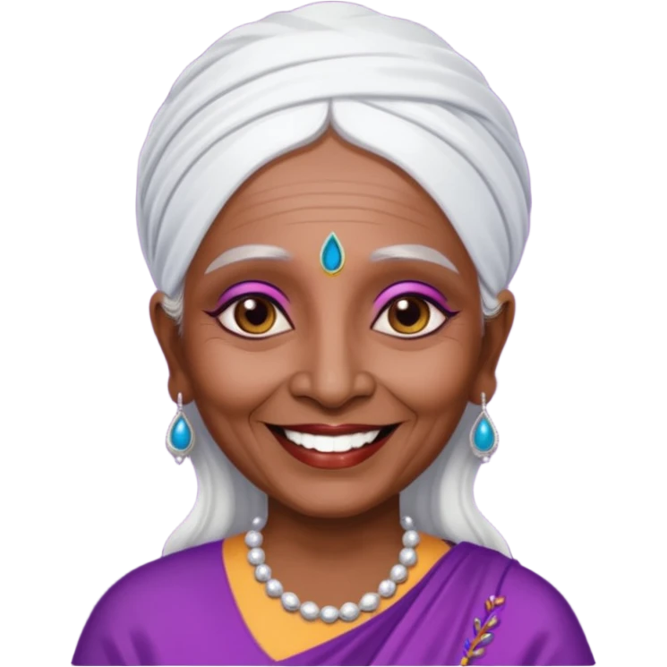 A old indian woman with a top saying "Wet queens meet and greet 2067" emoji