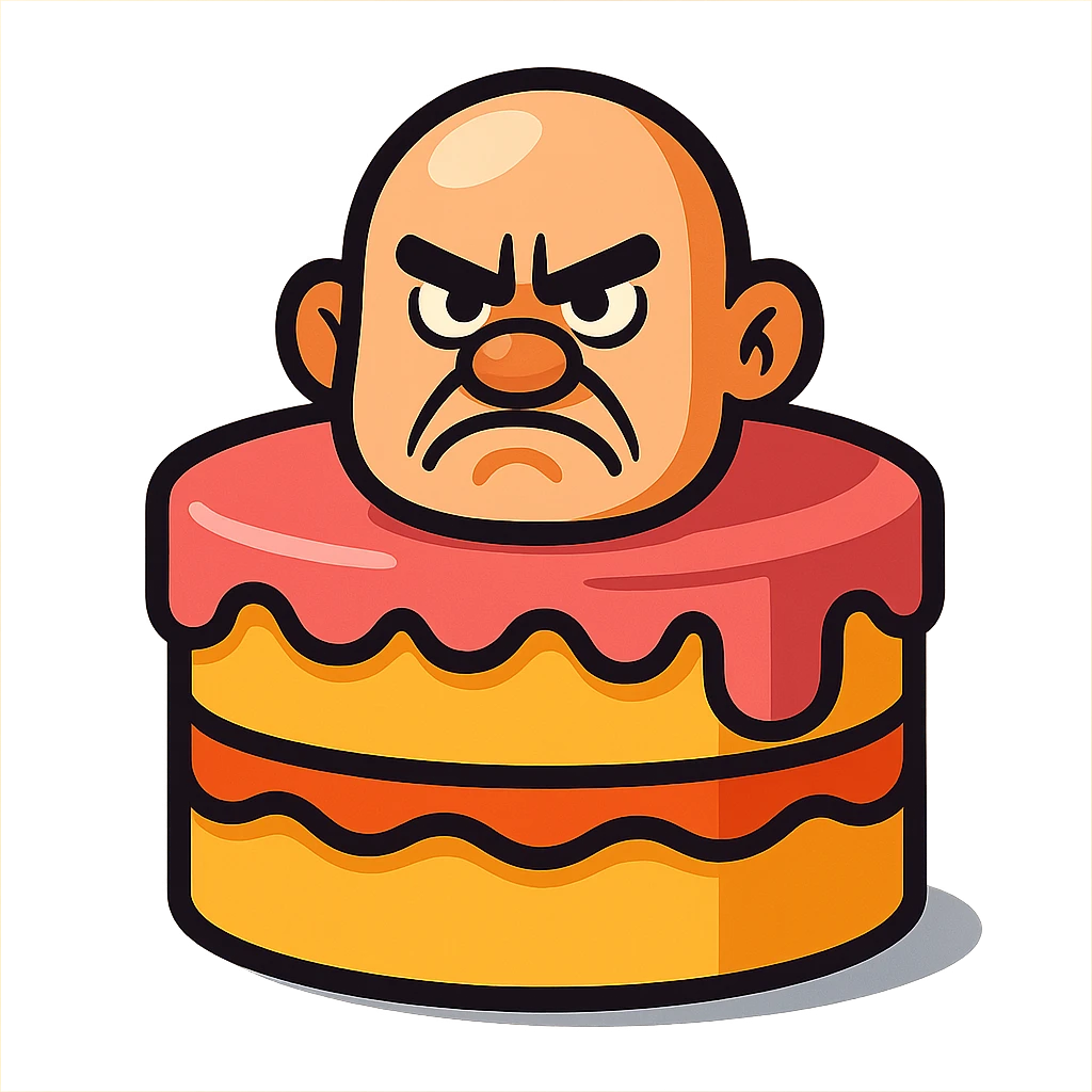 cartoon style cake with Bald Qiang's funny frowning expression, rich colors emoji