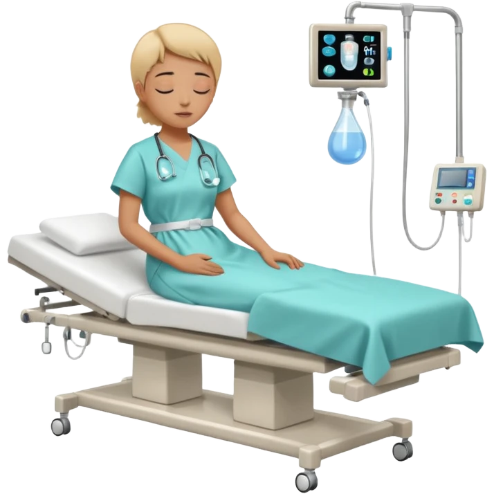 A patient lying on a medical examination bed with eyes closed, seen in a wider, full-body view, preparing to undergo a colonoscopy procedure in a clean hospital environment. emoji
