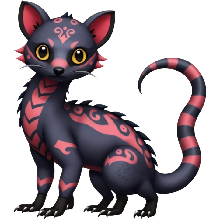Rare warm-colored exotic gloomy tropical edgy cute epic aesthetic spooky  gothic colorful Salandit-Noibat-Civet-species-Fakemon-hybrid-creature, with tribal tattoo markings, full body emoji
