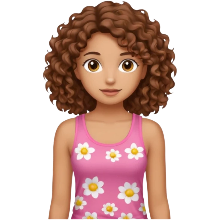 A pretty girl with tan skin and brown wavy curly hair, wearing a floral pink tank top with brown eyes emoji