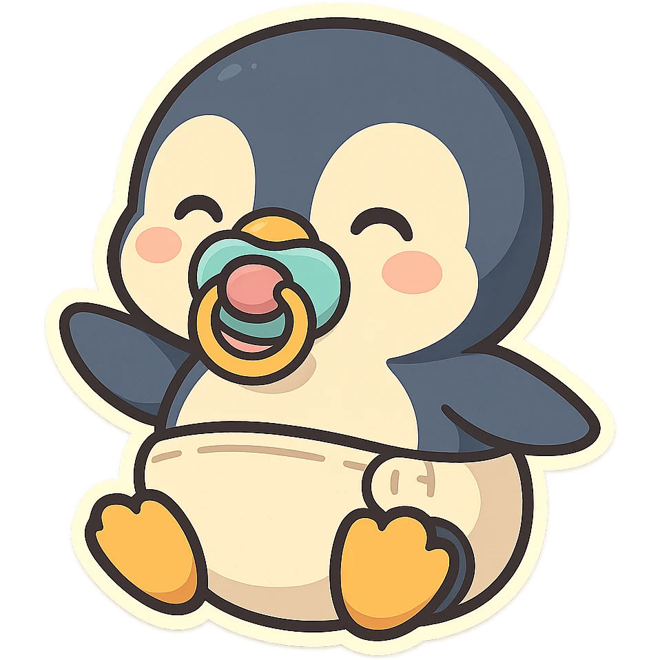 cartoon penguin with a big diaper and a colorful pacifier, playful style emoji