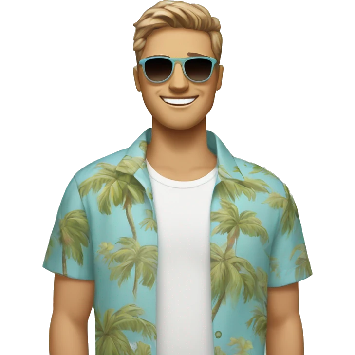 Smiling man, lightly tan white skin, black eyebrows, oblong face shape, light brown messy bowl haircut, wayfarer sunglasses, light blue hawaiian shirt with white palm tree pattern emoji