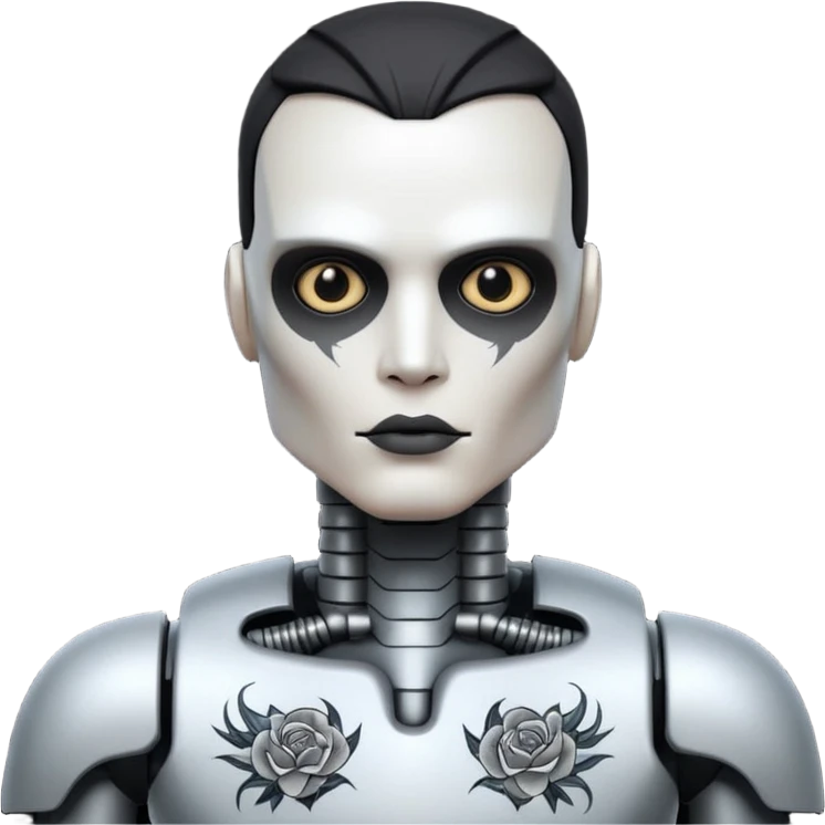 black metal Tatooed robot, big many tatooes on chest, neck and face, white tatoo on face emoji