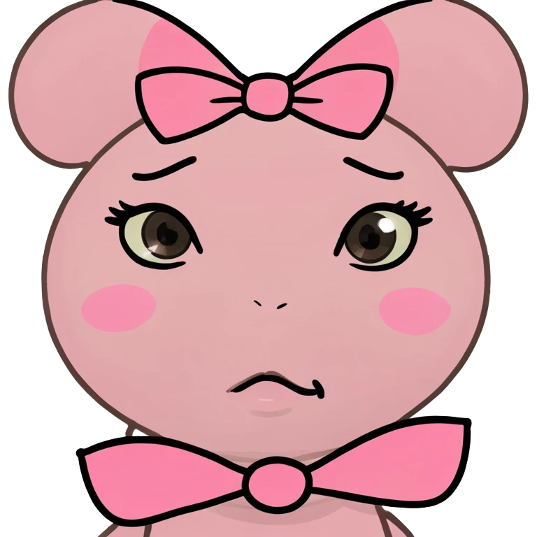 pink face with two pink bows crossing it’s eyes and doing a kissy face emoji