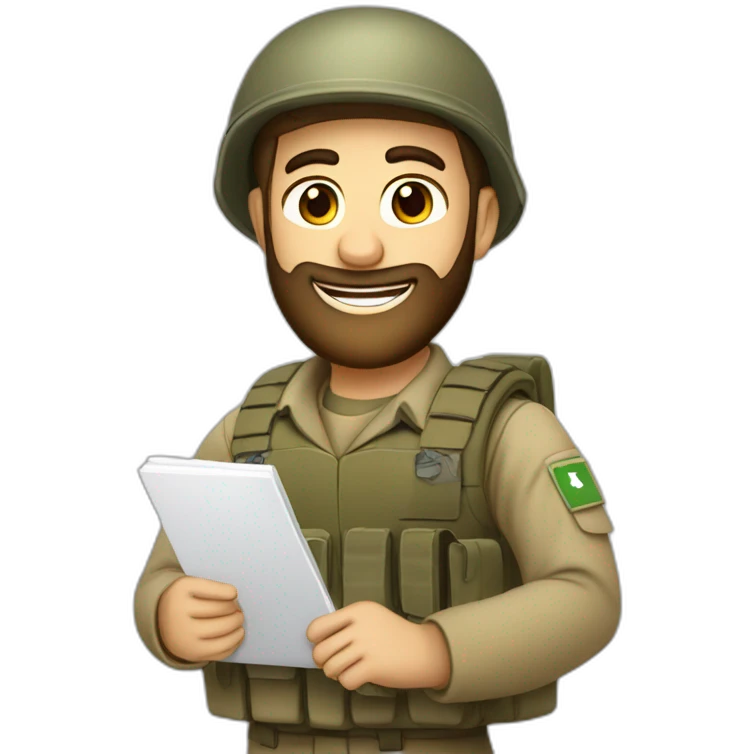 pale brown bearded israeli IDF soldier happy holding notebook and pen emoji