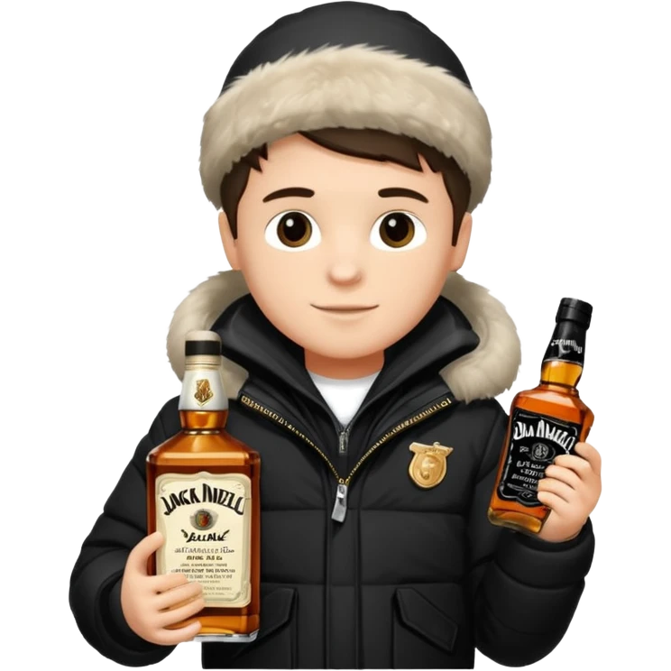 Junge mit Sturmhaube in der Rechten hand eine jacky flasche und schwarze winterjacke mit fell an der mütze 2 meter gross emoji