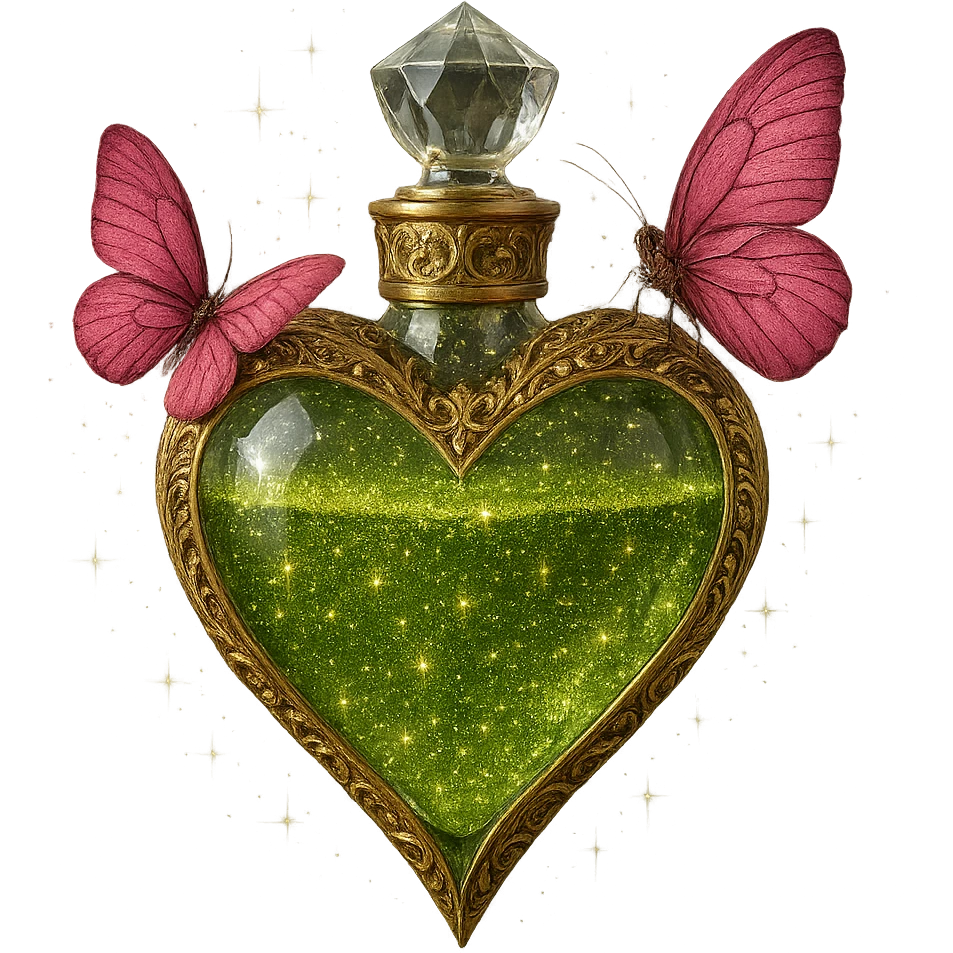 Create a realistic, luxurious 3D crystal heart-shaped bottle with a sharp heart point, filled with #c0ff53 green glitter liquid. Add subtle, elegant golden filigree and decorative details around the edges and neck of the bottle. Include two pink butterflies in the same composition as the reference image, magical sparkling dust, and a crystal neck. The style must be photorealistic and impressive, avoiding pixel art or cartoon styles. Keep the background fully transparent (PNG). emoji