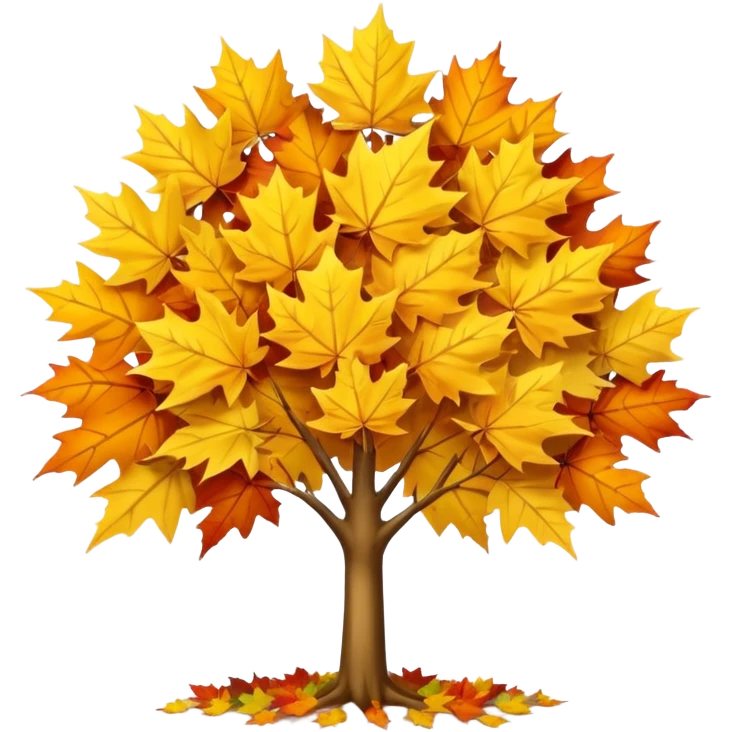 Generate a high-quality image of a yellow maple tree with autumn foliage, full canopy of leaves, realistic color and shading, smooth gradient colors, no facial features, no brand markings, simple white background, high-resolution.
 emoji