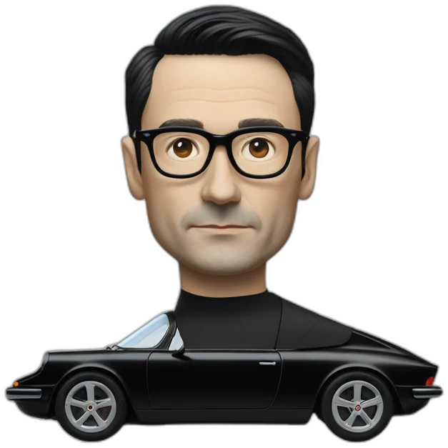Hyper realistic Ralf Hutter from Kraftwerk, short straight black hair, black glasses, thin, side view, riding open top black tesla model 3 emoji