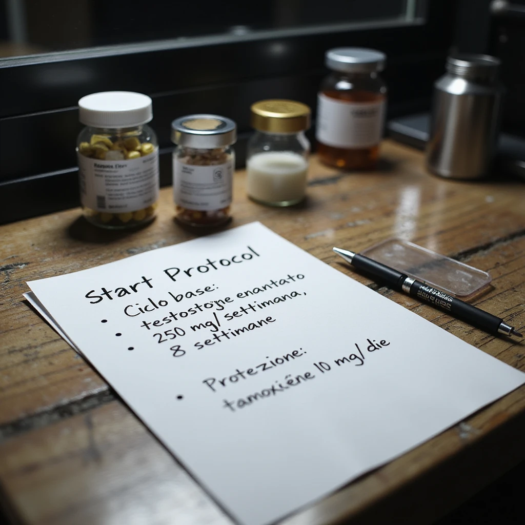 Gym desk with bodybuilding cycle start protocol written on a sheet: 'Ciclo base: testosterone enantato 250 mg/settimana, 8 settimane, protezione: tamoxifene 10 mg/die', next to supplements and a pen, professional atmosphere, hyperrealistic 4K details. emoji