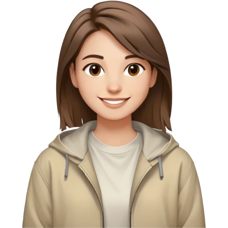 smiling face with soft straight brown hair swept to one side, warm and creative eyes, wearing neutral-toned aesthetic clothing including light oversized jacket and artistic tee, expression conveys positive energy style and originality emoji