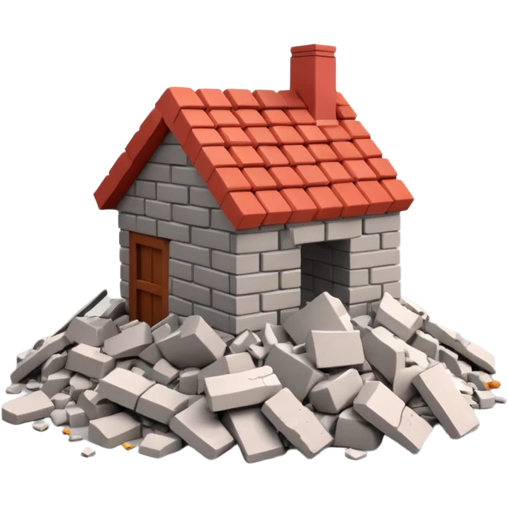 3D iPhone style emoji of a pile of bricks, roof pieces, and wall rubble, scattered and broken, isolated on white background, soft shadows, high detail, playful and cute emoji
