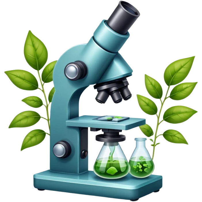An icon featuring a microscope, a DNA strand, and plant leaves, symbolizing biology. The design includes cells, a test tube with a plant sample, representing life sciences, ecosystems, and the study of organisms. Transparent background highlights the exploration of living systems. emoji