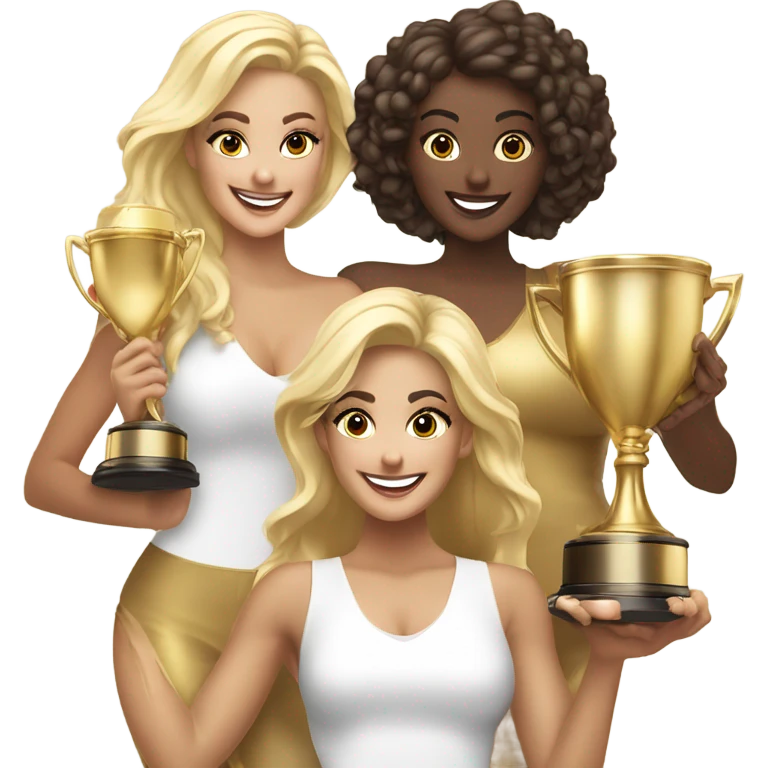 Eight beautiful blonde and Latina models celebrating with 1 huge gold trophy emoji