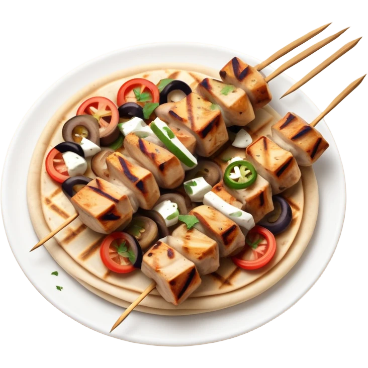 cinematic-realistic-souvlaki-dish-emoji,-showcasing-skewered,-grilled-chicken-with-mediterranean-spices-rendered-with-dynamic-textures-and-warm,-appetizing-lighting on pita bread emoji