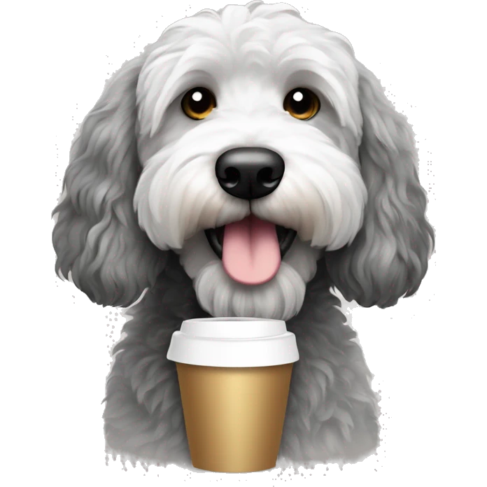 Black, gray , and white goldendoodle dog with coffee cup  emoji
