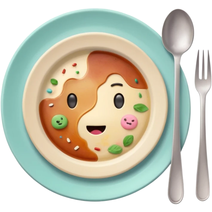 of a dirty plate after eating, leftover food scraps, sauce stains on the plate, small fork and spoon resting on the plate, slightly messy but funny, soft pastel colors, rounded shape, clean background, kawaii style, expressive and playful, high quality, emoji style emoji