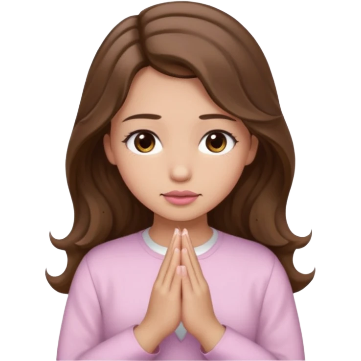 girl with wavy long brown hair, brown eyes, light to medium complexion, long lashes, light pink lipstick, praying, wearing light pink shirt emoji