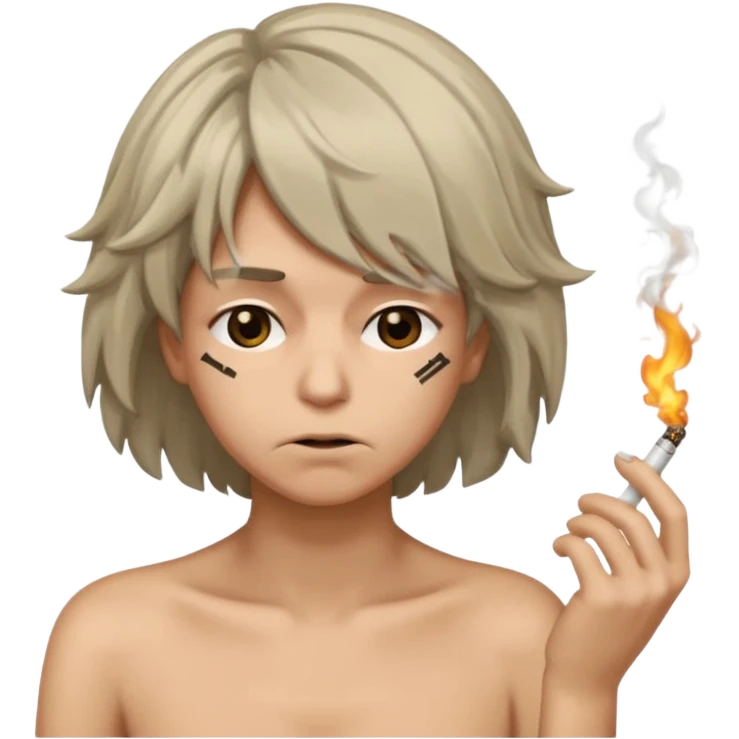 stressed emoji looking down shaking head wearing a disheveled wig with a cigarette in hand emoji