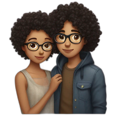curly girl in glasses kissing dark hair boy emoji