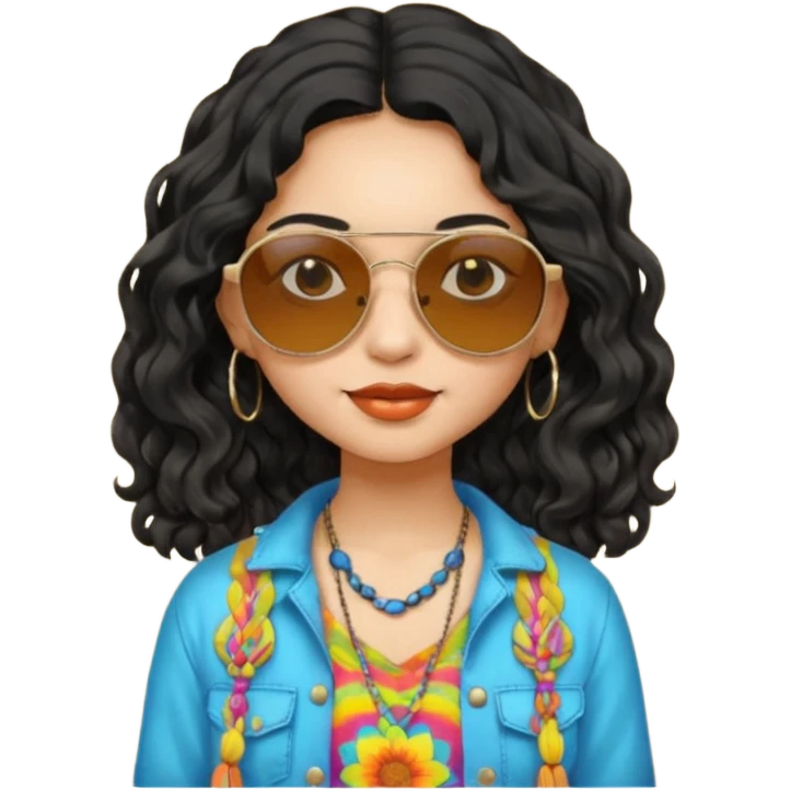 girl in hippies clothes, wearing sunglasses, black wavy hair emoji