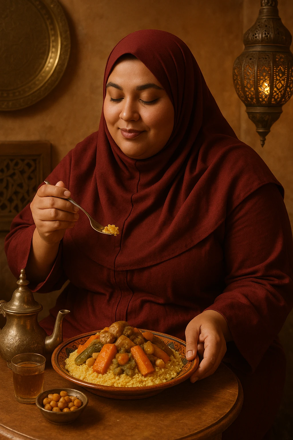 a Moroccan woman with a curvy figure, eating couscous, dressed in a full hijab emoji