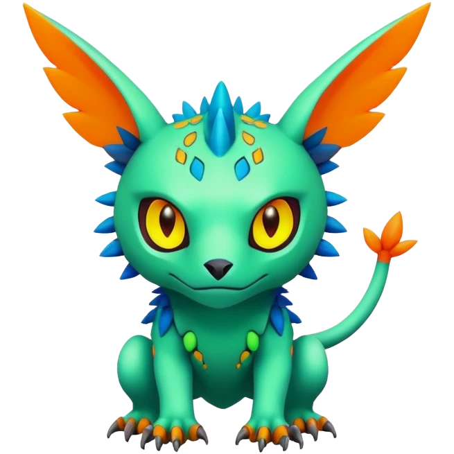 Tropical lush warm-colored modern colorful neon-colored cyber-Fakémon-Digimon-Trico-creature emoji