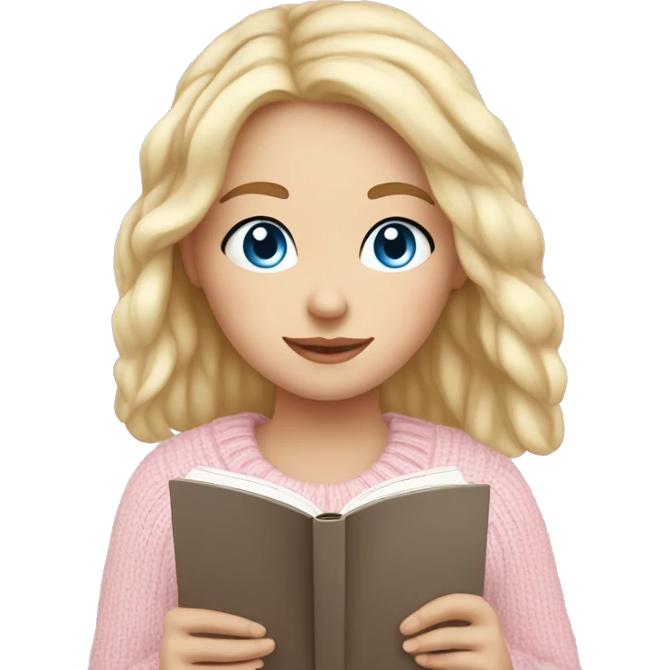 Pretty blue eyed white girl with light pink sweater reading cozy emoji