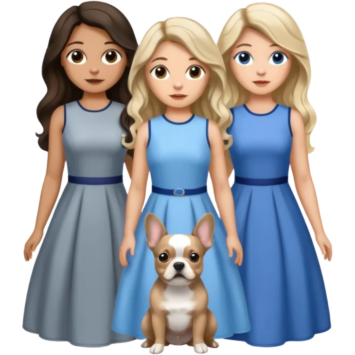 Three women in isolated dresses, brown eyed light skin with dark blonde long hair and Brown eyed light skin black long wavy hair and blue eyed light skin long blonde hair with gray Merle Frenchie emoji