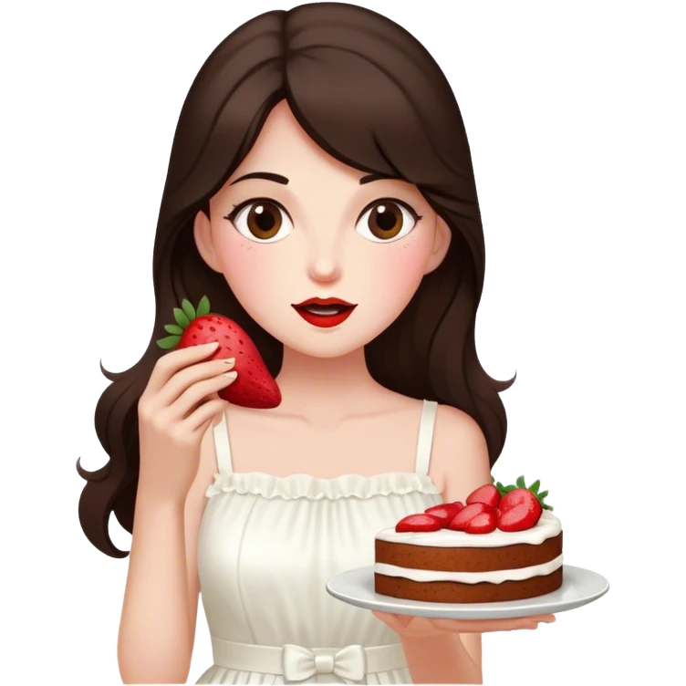 Beautiful woman in 1965’s woman fashion look, white dress, long dark brown hair, strawberry cake emoji
