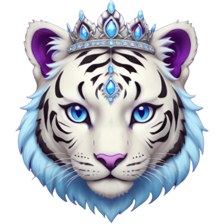 ESO Female white/black tiger khajiit leader of the umbral rose, glowing blue eyes, glowing blue 'third eye' gem; purple gemmed silver tiara emoji