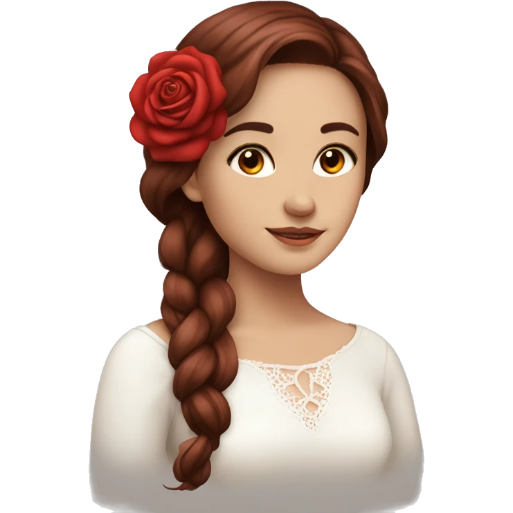 Beautiful, rose, red, flowers in hair, long dark brown hair, white fair skin emoji