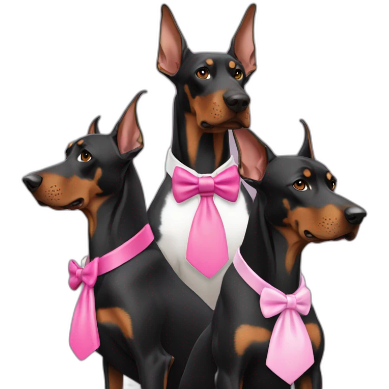 3 doberman one white with a pink bow tie on the neck, one black and one brown emoji